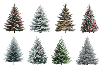 PNG Festive snowy Christmas trees variety, element set on transparent background