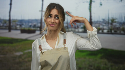 Young blonde woman wearing apron points finger to head at marina pier with moored boats; doubt curiosity contemplation.