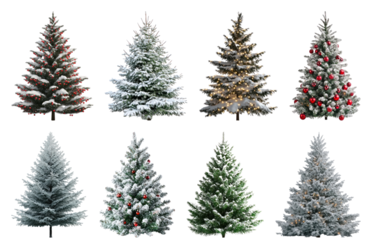 PNG Festive snowy Christmas trees variety, element set on transparent background