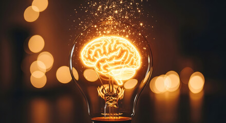 Glowing brain inside light bulb representing innovation creativity and new ideas