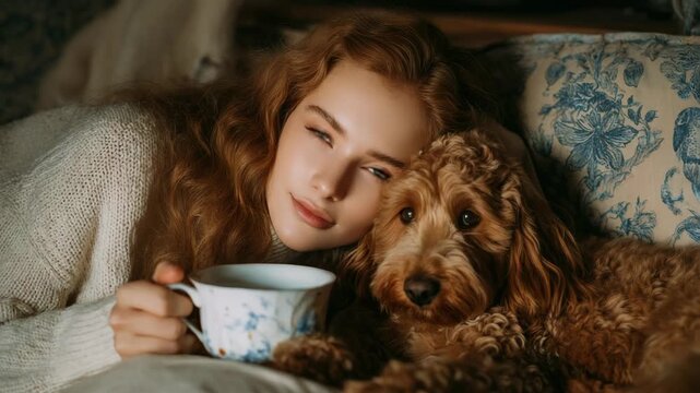 Woman and dog relaxing together with a cup of tea on a cozy afternoon
