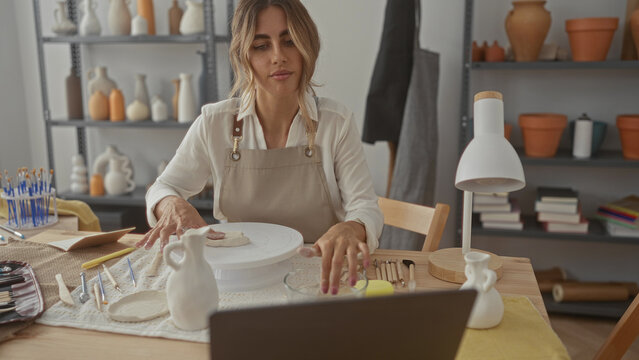 Woman shapes clay with bare hands on pottery wheel in artisan studio; creativity focus calm.