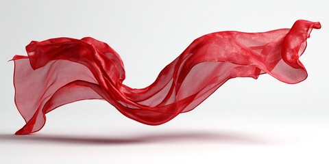 Red silk scarf flowing in wind isolated on white fabric
