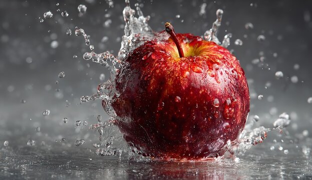 Crisp red apple in refreshing water splash creates a sense of vibrant health and pure deliciousness perfect for food blogs or healthy eating campaigns