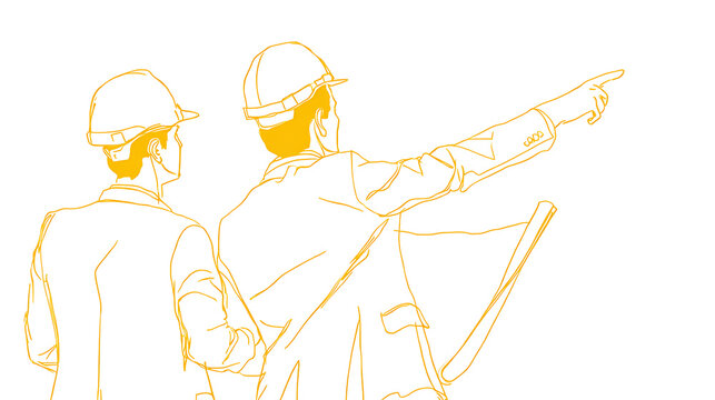 Two men wearing hard hats pointing and holding blueprints construction