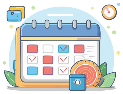 Digital calendar with scheduled events and completed tasks concept illustration