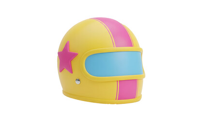 Fototapeta premium rounded yellow and pink racing helmet with blue visor and star decal — suited for motorsport, safety gear, racing themes, kid-safe helmets, speed icons, or athletic branding.