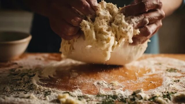 Medium shot of a baker incorporating herbs and cheese into savory enriched dough showcasing texture and color contrast.