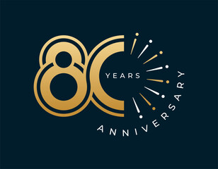 80 Years Anniversary with fireworks design vector illustration. Unique 80 years logo design template. In gold color.	