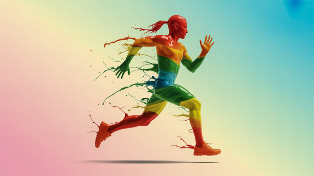 A male runner in motion with rainbow colored paint splashes and a gradient background