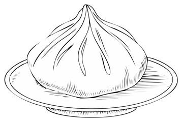 Hand drawn outline illustration of a traditional pleated dumpling on a serving plate