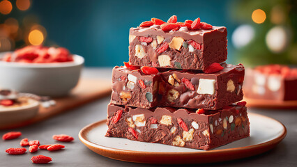 Fictional chocolate, nut and dried fruit Rocky Road Bars stacked on a plate. Concept of unique, healthy Christmas desserts with goji berries as the main ingredient. Perfect for winter menus.