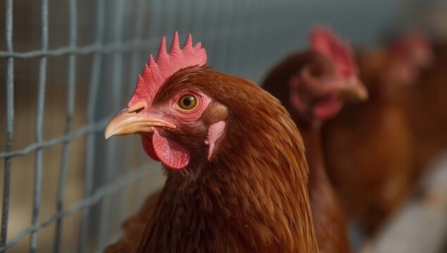 Closeup of brown chickens in a row inside a chicken coop on a farm in the countryside - Powered by Adobe