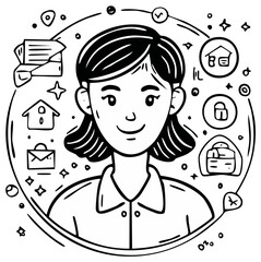 Line art concept of a woman managing work life balance with doodle icons for home, business, and security