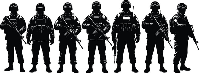 Armed soldier silhouettes, military gear, tactical stance, black vector illustration, combat readiness, defense theme, war concept, security forces, battlefield icons