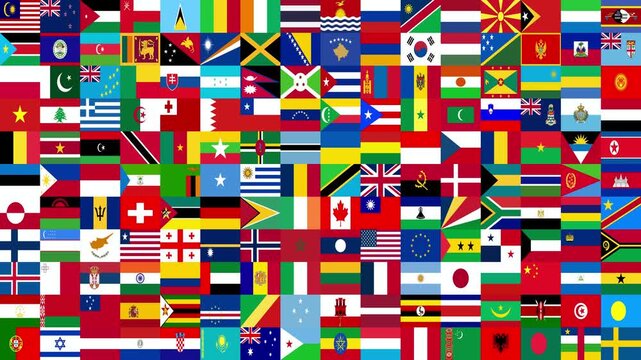 16x11 grid pattern of many different world country flags creating an abstract mosaic of colors and international symbols randomly