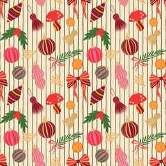 Christmas ornaments vector seamless pattern. Bright xmas baubles, mushroom decoration, festive tassels, ribbon bows on light striped background. Colorful winter holiday maximalist decor repeat design
