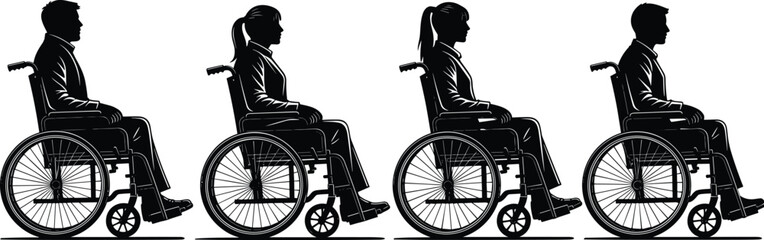 Obraz premium Disabled people sitting in wheelchairs silhouette vector set, men and women side view profiles, medical mobility equipment collection, isolated on white background