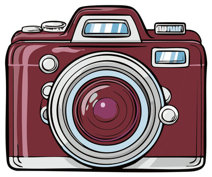 A cartoon style drawing of a vintage maroon digital camera with a large lens and flash