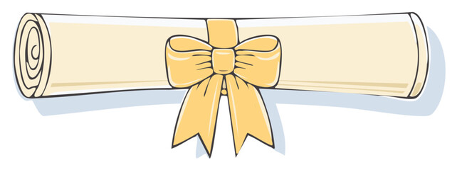 Rolled diploma scroll with a yellow ribbon bow cartoon vector illustration