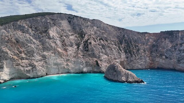 Porto Katsiki cliffs and turquoise bay aerial view in Greece
