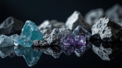 Close-up of critical materials such as lithium, cobalt, and rare earth metals arranged on black reflective surface, highlighting importance in modern tech