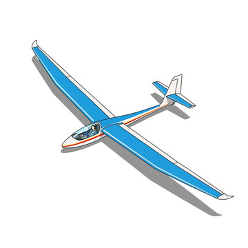 Illustration of a blue and white glider plane with a long shadow.
