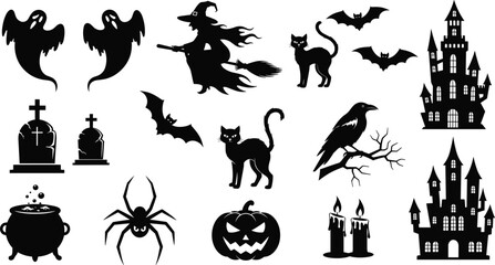 Halloween silhouette icons, spooky symbols, haunted castle, witch, ghost, bat, pumpkin, spider, black vector illustration, eerie theme, festive design
