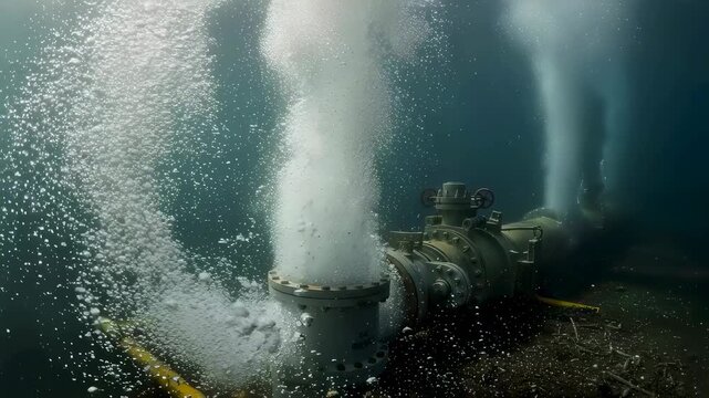 Underwater gas pipeline with industrial valve releasing large amount of bubbles into water to illustrate leakage or testing