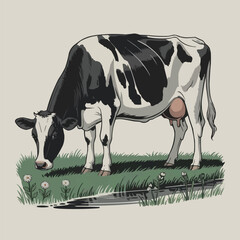 A detailed illustration of a black and white holstein friesian cow grazing peacefully in a lush green pasture