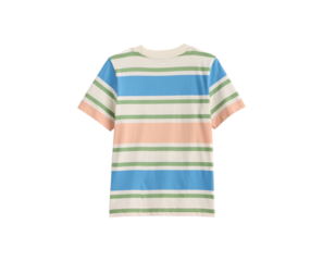 A short-sleeved t-shirt, horizontal stripes in alternating colors cream, blue, green, and peach, transparent background