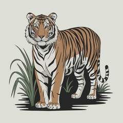 Majestic bengal tiger stands proudly amidst tall grasses in a detailed artistic illustration