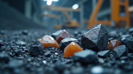 Detailed close-up of mined elements like lithium, cobalt, and rare earth metals, industrial mining equipment in soft-focus background, copy space for modern technology themes