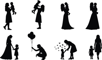 Mother and child silhouette, nurturing moments, black vector illustration, family bonding, affection scenes, parenting concept, caring woman, emotional connection, love theme