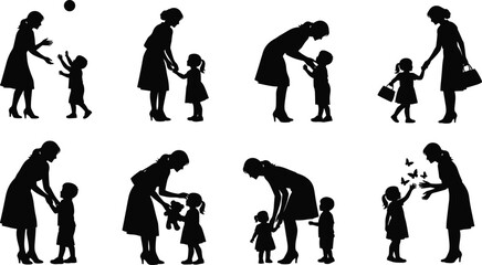 Mother and kids silhouette vector set, mom playing ball, holding hands, family moments collection, isolated illustration on white background, parenting love concept