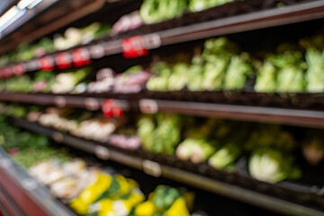 Blurred view of leafy greens in supermarket produce section.