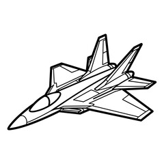 Outline drawing of a modern stealth fighter jet in flight, viewed from an angled perspective, suitable for coloring.