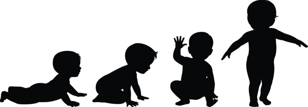 Baby silhouettes, developmental stages, crawling, sitting, standing, motor skills, black vector, growth icon, infant posture, sketch