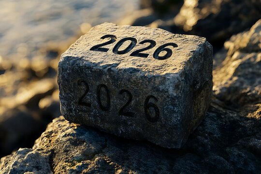 Rough Stone Block Engraved with the Year 2026 on Rock Ledge Near Water - Powered by Adobe