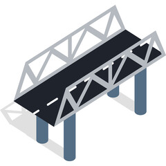 Isometric Truss Bridge With Gray Supports And Dark Gray Roadway Featuring White Lane Markings On A Transparent Background