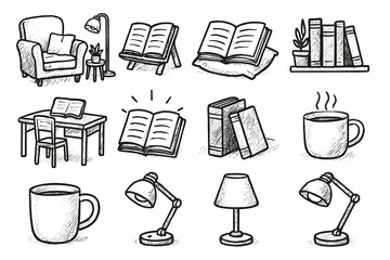Vector creative collection icons cup desk cozy set setup lamp reading icon