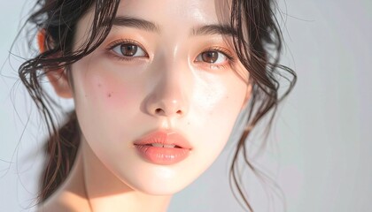 日本人, 超リアル, 若い美しい女性, 顔アップ, 滑らかな肌, ツヤのある肌質, ナチュラルメイク, 柔らかな光, 美容広告風, シネマティック, カメラ目線, 高画質, Japanese, ultra-realistic, young beautiful woman, face close-up, smooth skin, radiant complexion, natural makeup