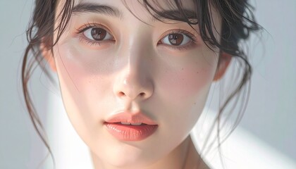 日本人, 超リアル, 若い美しい女性, 顔アップ, 滑らかな肌, ツヤのある肌質, ナチュラルメイク, 柔らかな光, 美容広告風, シネマティック, カメラ目線, 高画質, Japanese, ultra-realistic, young beautiful woman, face close-up, smooth skin, radiant complexion, natural makeup