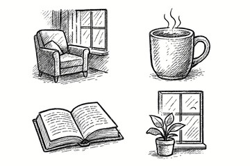 Icon vector window coffee icons mug book open plant morning nook light