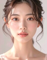日本人, 超リアル, 若い美しい女性, 顔アップ, 滑らかな肌, ツヤのある肌質, ナチュラルメイク, 柔らかな光, 美容広告風, シネマティック, カメラ目線, 高画質, Japanese, ultra-realistic, young beautiful woman, face close-up, smooth skin, radiant complexion, natural makeup