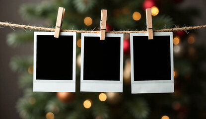 Three blank black polaroids hanging on wooden clothespins on a string with christmas tree background.
