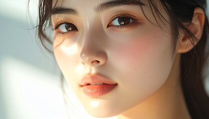 日本人, 超リアル, 若い美しい女性, 顔アップ, 滑らかな肌, ツヤのある肌質, ナチュラルメイク, 柔らかな光, 美容広告風, シネマティック, カメラ目線, 高画質, Japanese, ultra-realistic, young beautiful woman, face close-up, smooth skin, radiant complexion, natural makeup