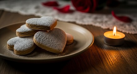 Heart-shaped sugar cookies, powdered, on plate with lit candle, rose petals, romance.
