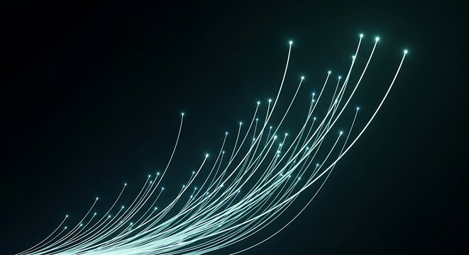 Modern turquoise fiber optics glow against a dark backdrop representing high speed internet and cutting edge technology solutions for your next project