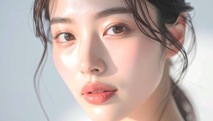 日本人, 超リアル, 若い美しい女性, 顔アップ, 滑らかな肌, ツヤのある肌質, ナチュラルメイク, 柔らかな光, 美容広告風, シネマティック, カメラ目線, 高画質, Japanese, ultra-realistic, young beautiful woman, face close-up, smooth skin, radiant complexion, natural makeup